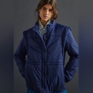 NWT Anthropologie/Maeve Blue Snap-Sleeve Puffer Jacket & Vest removable sleeves,